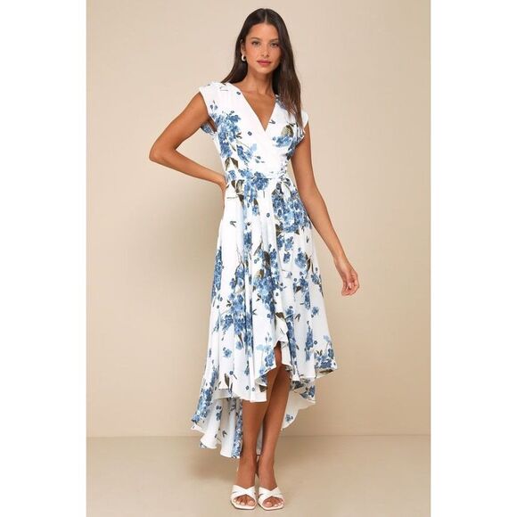 Lulus French Countryside White Floral Print High-low Dress Blue - Size M - Picture 1 of 4